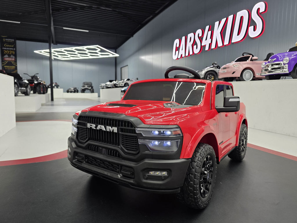 Red 12V Dodge RAM-inspired kids electric ride-on car