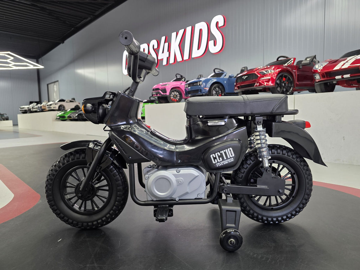Additional view of the black 12V Honda Cross Cub 110-inspired kids electric motorcycle