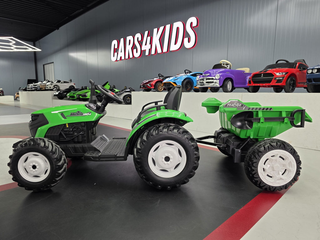 Additional view of the green 24V kids electric tractor with trailer