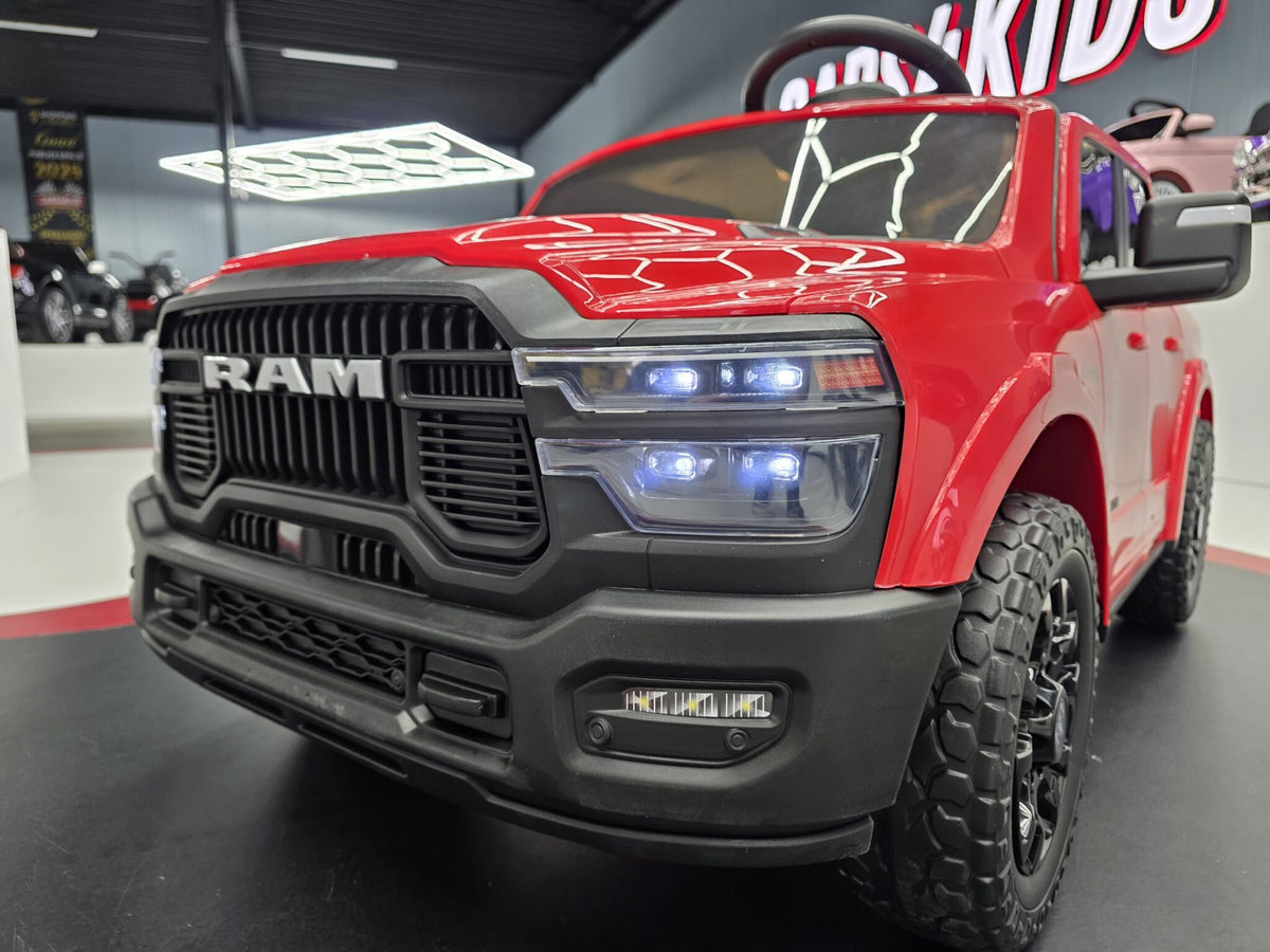 Additional view of the red 12V Dodge RAM-inspired kids electric ride-on car