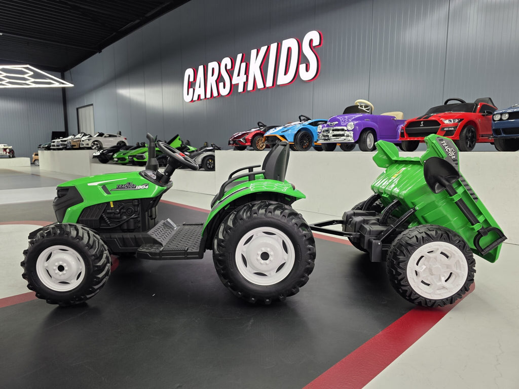 Additional view of the green 24V kids electric tractor with trailer