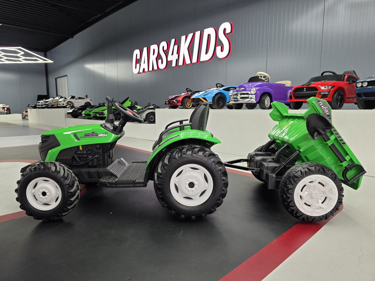 Additional view of the green 24V kids electric tractor with trailer