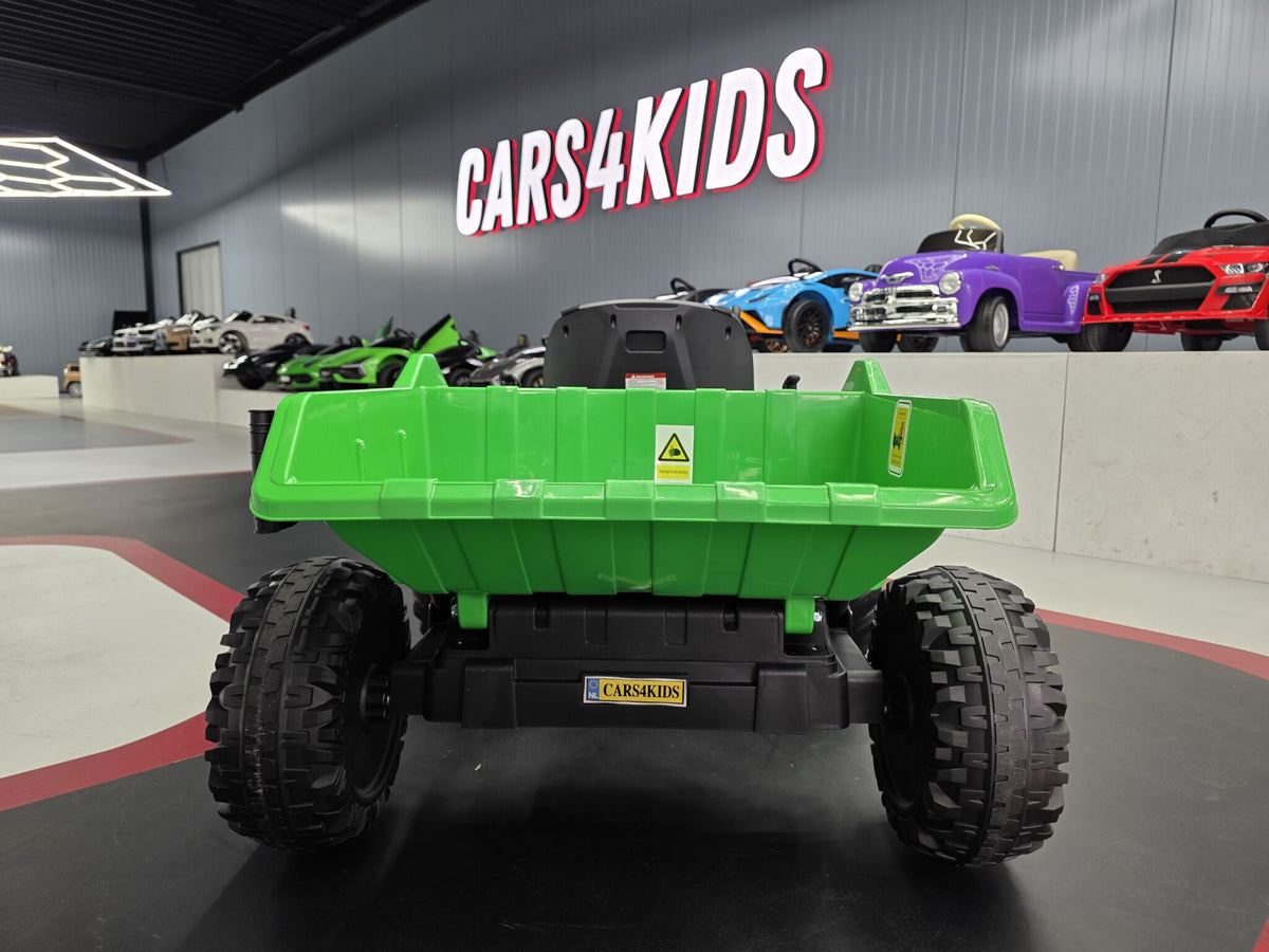 Additional view of the green 24V kids electric tractor with trailer