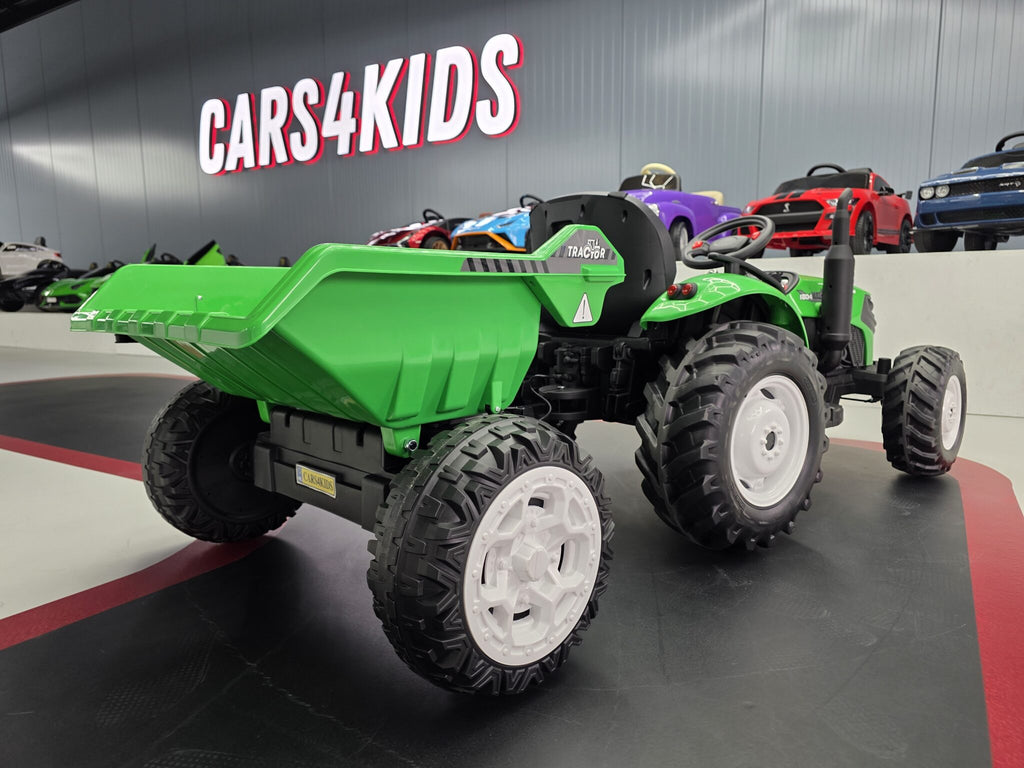 Additional view of the green 24V kids electric tractor with trailer